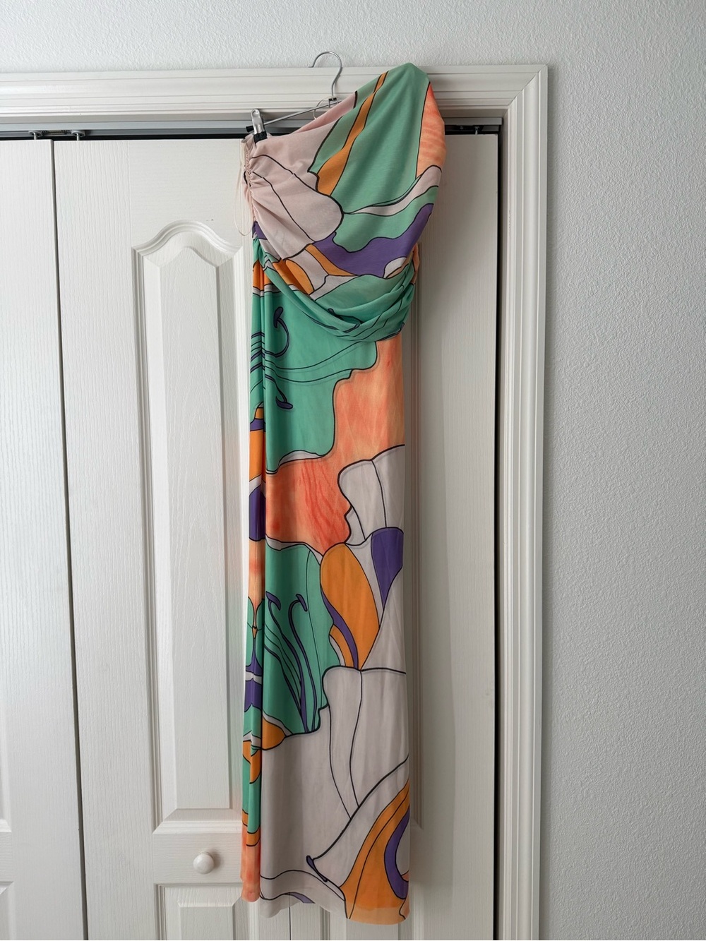 AFRM Strapless Printed Maxi Dress in Green, Orange & Purple